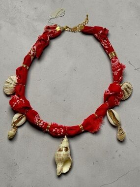 New Handmade 14k Red Seashell Statement Necklace -Boho Beach Style Bandanna